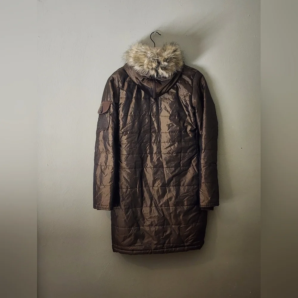 Tulle Anthropologie Brown Button Front Furry Hood Women's Puffer Coat Parka Smal - Picture 11 of 12